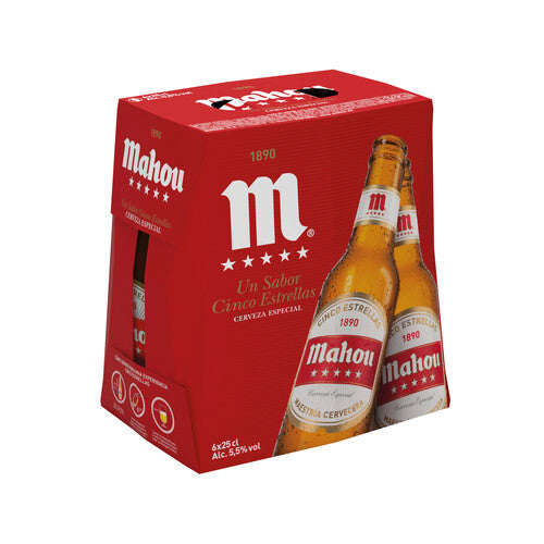 MAHOU 5 ESTRELLAS Cervezas pack de 6 botellas. 25 cl.