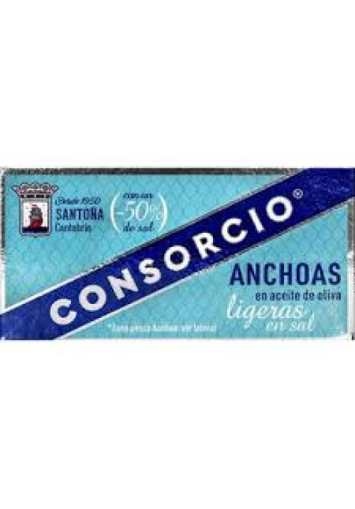 CONSORCIO Filetes de anchoa de Santoña en aceite de oliva, ligeras en sal CONSORCIO 26 g. peso neto escurrido