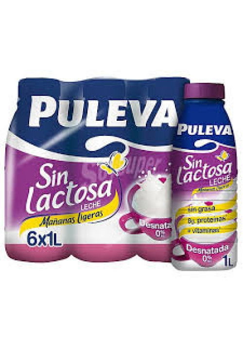 PULEVA Leche desnatada (0% materia grasa) de vaca, sin lactosa Mañanas ligeras 6 x 1l.