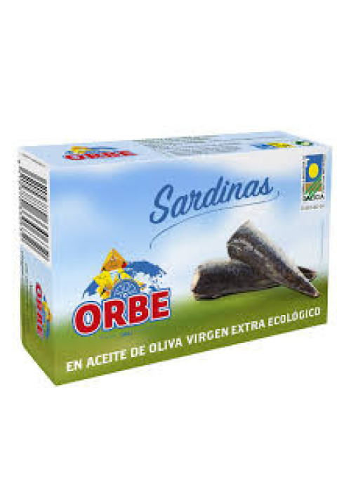 ORBE Sardinas en aceite de oliva virgen extra ecológico, bajo en sal ORBE 87 g.