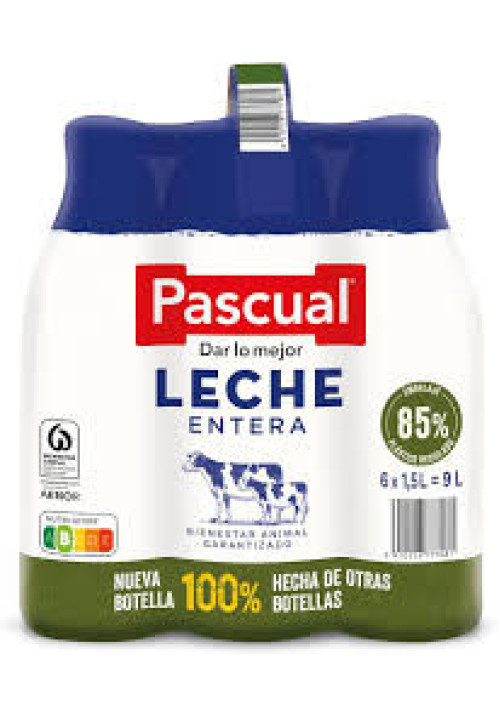 PASCUAL Leche de vaca entera, de bienestar animal garantizado 6 x 1.5 l.