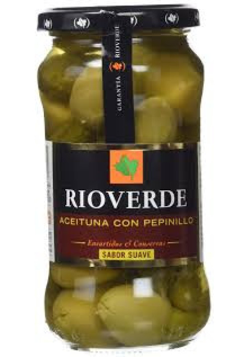 RIOVERDE Aceitunas gordal con pepinillos en frasco de 180 g.