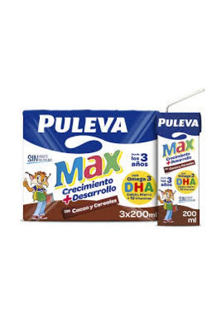 PULEVA Leche de crecimiento y desarrollo con cacao y cereales, a partir de 3 años Max crecimiento + desarrollo 3 x 200 ml.