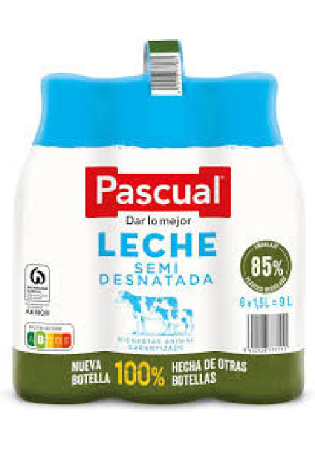 PASCUAL Leche de vaca semidesnatada, de bienestar animal garantizado 6 x 1.5 l.