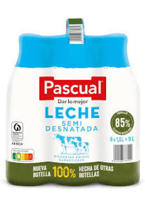 PASCUAL Leche de vaca semidesnatada, de bienestar animal garantizado 6 x 1.5 l.