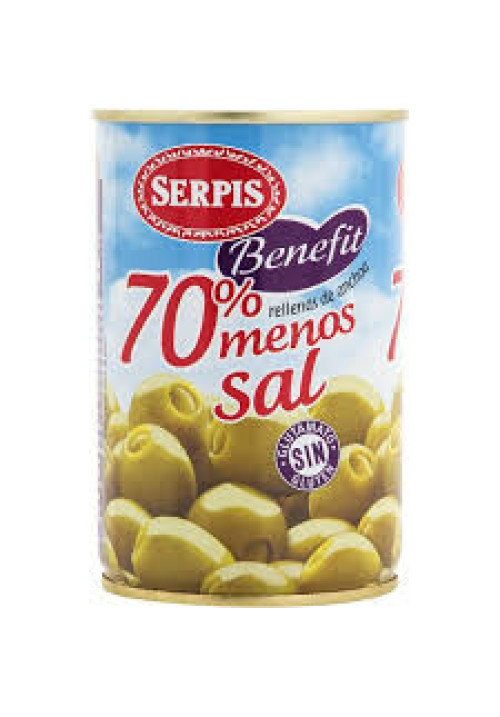 SERPIS Aceitunas verdes rellenas de anchoa con un 70% menos de sal SERPIS Benefit lata de 130 g.