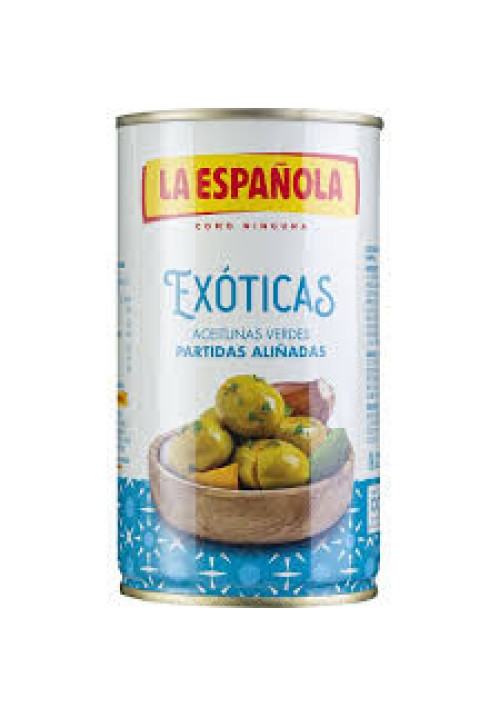 LA ESPAÑOLA Exóticas Aceitunas verdes partidas y partidas aliñadas 185 g.