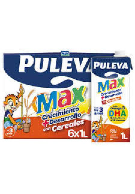 PULEVA Leche de crecimiento y desarrollo, enriquecida con cereales, calcio, hierro, 12 vitaminas y Omega 3 Max crecimiento + desarrollo 6 x 1l.