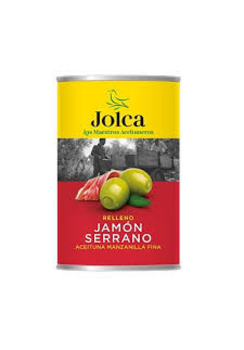 JOLCA Aceitunas verdes manzanilla rellenas de jamón serrano JOLCA lata de 130 g.