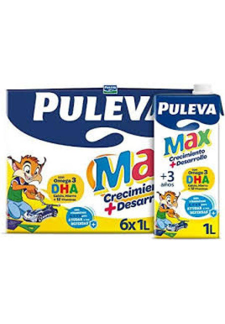 PULEVA Leche de crecimiento, enriquecida con calcio, hierro, 12 vitaminas y Omega 3, para mayores de 3 años Max crecimiento + desarrollo 6 x 1l.