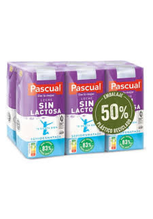 PASCUAL Leche de vaca semidesnatada sin lactosa 6 x 200 ml.