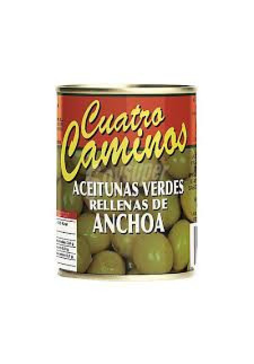 CUATRO CAMINOS Aceitunas verdes varidad Manzanilla finas, rellenas de anchoa CUATRO CAMINOS 120 g.