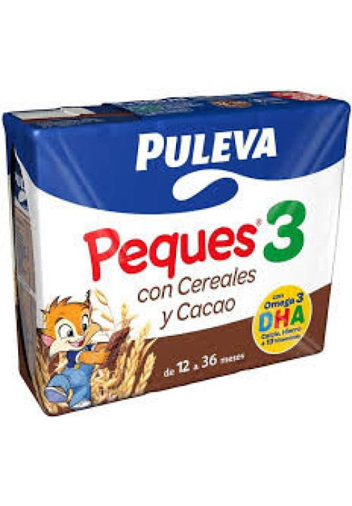 PULEVA Peques 3 Leche de crecimiento con cereales y cacao, de 12 a 36 meses 3 x 200 ml.