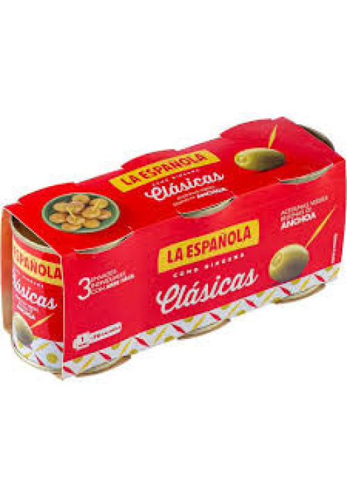 LA ESPAÑOLA Aceitunas verdes rellenas de anchoa LA ESPAÑOLA Clásicas pack de 3 latas de 50 g.