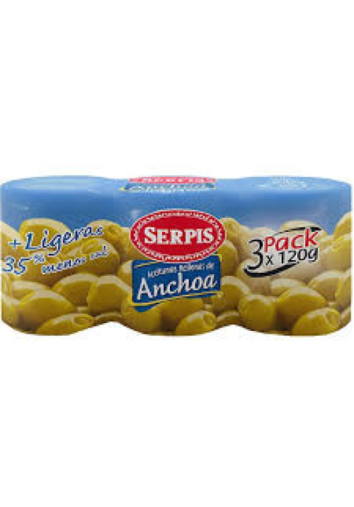 SERPIS Aceitunas rellenas de anchoas más ligeras, 35% menos de sal SERPIS 3 x 120 gr