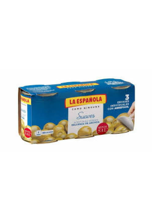 LA ESPAÑOLA Aceitunas verdes rellenas de anchoas LA ESPAÑOLA Suaves pack de 3 latas de 50 g.