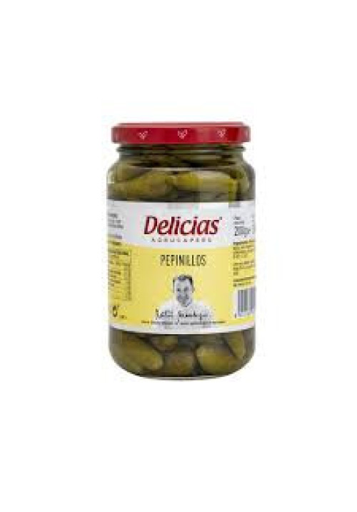 DELICIAS Pepinillos pequeños en vinagre extra DELICIAS frasco de 200 g.