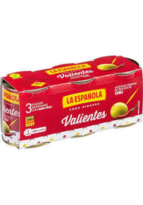 LA ESPAÑOLA Aceitunas verdes rellenas de pimiento LA ESPAÑOLA Valientes pack 3 latas de 50 g.