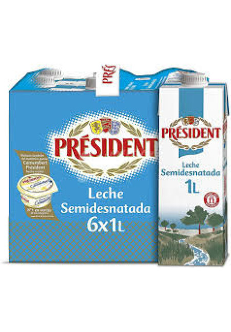 PRÉSIDENT Leche semidesnatada de vaca de origen 100% español 6 x 1 l.